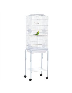 PawHut Bird Cage Budgie Cages for Finch Canary Parakeet with Stand Wheels Slide-out Tray Accessories Storage Shelf, White 46.5 x