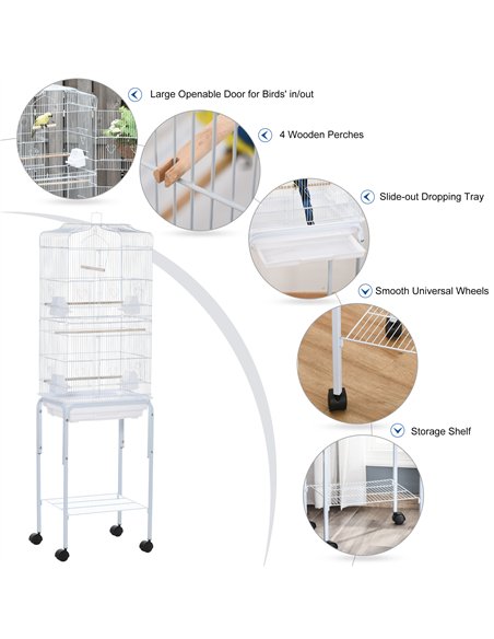 PawHut Bird Cage Budgie Cages for Finch Canary Parakeet with Stand Wheels Slide-out Tray Accessories Storage Shelf, White 46.5 x - pic 157825 | FastDaddyshop