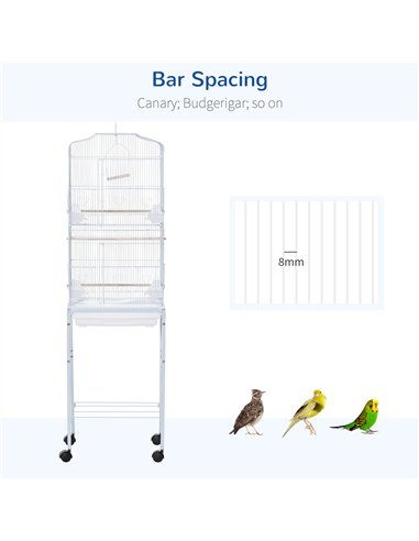 PawHut Bird Cage Budgie Cages for Finch Canary Parakeet with Stand Wheels Slide-out Tray Accessories Storage Shelf, White 46.5 x