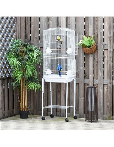PawHut Bird Cage Budgie Cages for Finch Canary Parakeet with Stand Wheels Slide-out Tray Accessories Storage Shelf, White 46.5 x