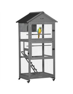 PawHut Bird Cage budgie cage Wooden Outdoor Aviary with Wheels  for Canary Finch with Asphalt Roof Perch Nest Ladder Slide-out T