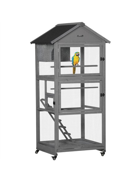 PawHut Bird Cage budgie cage Wooden Outdoor Aviary with Wheels  for Canary Finch with Asphalt Roof Perch Nest Ladder Slide-out T - pic 157848 | FastDaddyshop