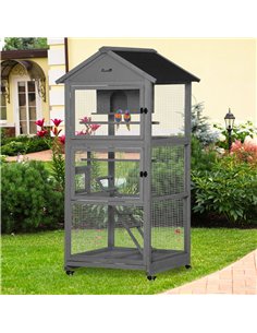 PawHut Bird Cage budgie cage Wooden Outdoor Aviary with Wheels  for Canary Finch with Asphalt Roof Perch Nest Ladder Slide-out T 2