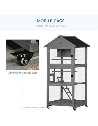 PawHut Bird Cage budgie cage Wooden Outdoor Aviary with Wheels  for Canary Finch with Asphalt Roof Perch Nest Ladder Slide-out T