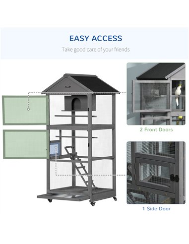 PawHut Bird Cage budgie cage Wooden Outdoor Aviary with Wheels  for Canary Finch with Asphalt Roof Perch Nest Ladder Slide-out T