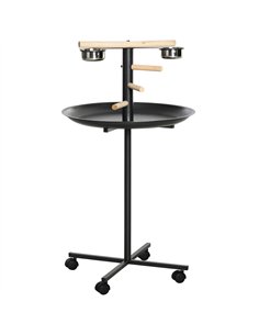 PawHut Metal Bird Table Play Stand, Bird Feeder Station Parrot Perch with Four Wheels Feeding Bowls Round Tray