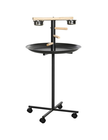 PawHut Metal Bird Table Play Stand, Bird Feeder Station Parrot Perch with Four Wheels Feeding Bowls Round Tray - pic 157857 | FastDaddyshop