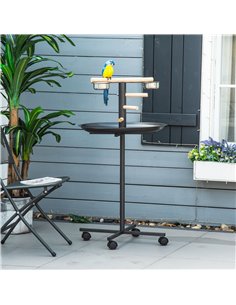 PawHut Metal Bird Table Play Stand, Bird Feeder Station Parrot Perch with Four Wheels Feeding Bowls Round Tray 2