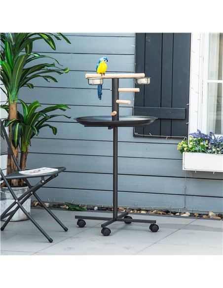 PawHut Metal Bird Table Play Stand, Bird Feeder Station Parrot Perch with Four Wheels Feeding Bowls Round Tray - pic 157858 | FastDaddyshop