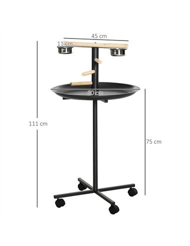 PawHut Metal Bird Table Play Stand, Bird Feeder Station Parrot Perch with Four Wheels Feeding Bowls Round Tray