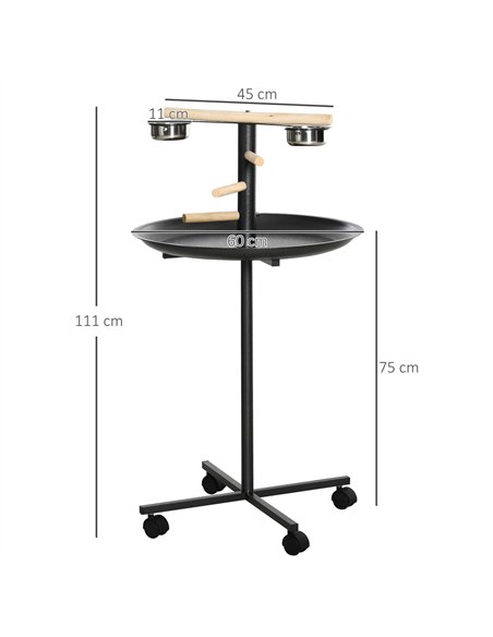 PawHut Metal Bird Table Play Stand, Bird Feeder Station Parrot Perch with Four Wheels Feeding Bowls Round Tray - pic 157859 | FastDaddyshop