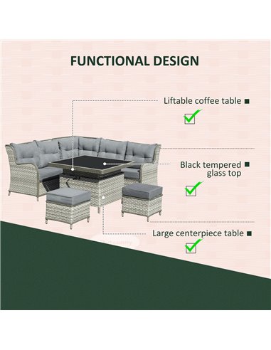 Outsunny 5-Seater Patio PE Rattan Garden Sofa Set, Wicker Sectional Conversation Aluminum Frame Furniture w/ Cushion, Grey