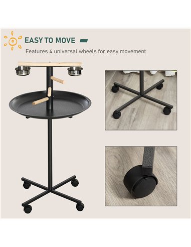 PawHut Metal Bird Table Play Stand, Bird Feeder Station Parrot Perch with Four Wheels Feeding Bowls Round Tray