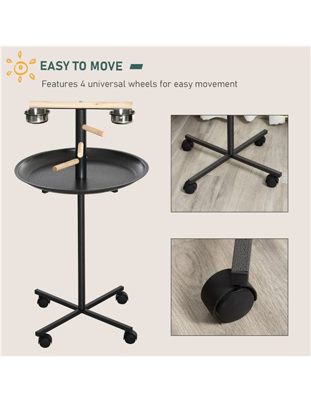 PawHut Metal Bird Table Play Stand, Bird Feeder Station Parrot Perch with Four Wheels Feeding Bowls Round Tray - pic 157860 | FastDaddyshop