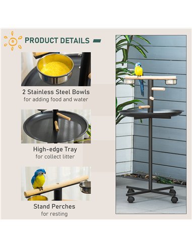 PawHut Metal Bird Table Play Stand, Bird Feeder Station Parrot Perch with Four Wheels Feeding Bowls Round Tray