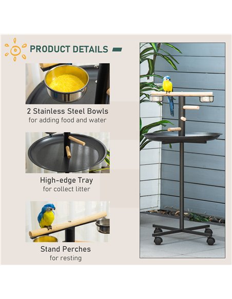 PawHut Metal Bird Table Play Stand, Bird Feeder Station Parrot Perch with Four Wheels Feeding Bowls Round Tray - pic 157861 | FastDaddyshop