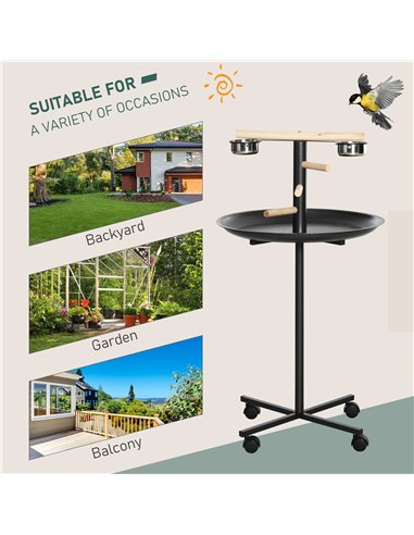 PawHut Metal Bird Table Play Stand, Bird Feeder Station Parrot Perch with Four Wheels Feeding Bowls Round Tray