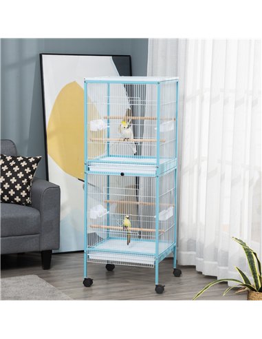 PawHut Bird Cage Budgie Cage 2 In 1 Large Aviary with Wheels Removable Trays for Finch Canaries Cockatiels Light Blue