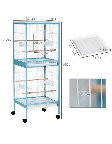 PawHut Bird Cage Budgie Cage 2 In 1 Large Aviary with Wheels Removable Trays for Finch Canaries Cockatiels Light Blue