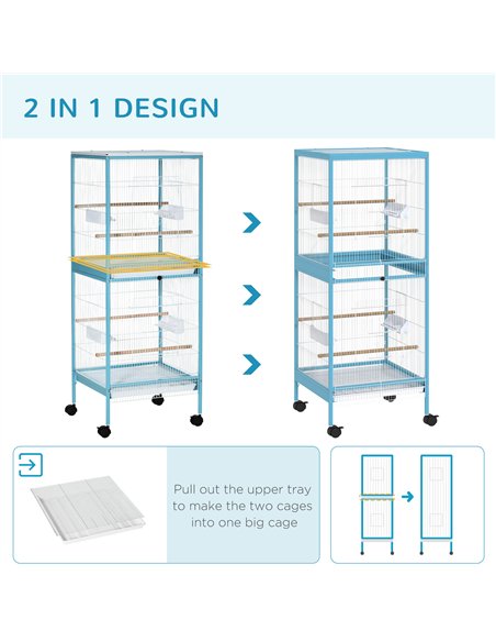 PawHut Bird Cage Budgie Cage 2 In 1 Large Aviary with Wheels Removable Trays for Finch Canaries Cockatiels Light Blue - pic 157869 | FastDaddyshop