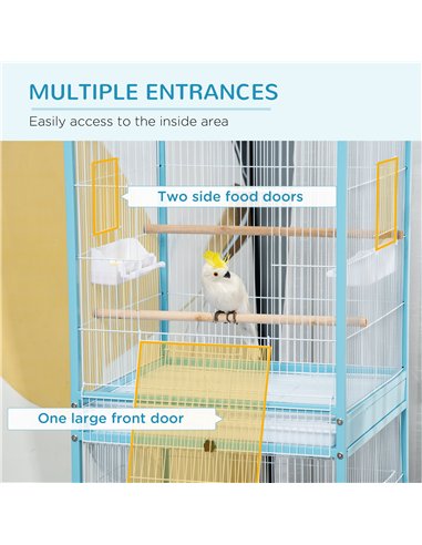 PawHut Bird Cage Budgie Cage 2 In 1 Large Aviary with Wheels Removable Trays for Finch Canaries Cockatiels Light Blue