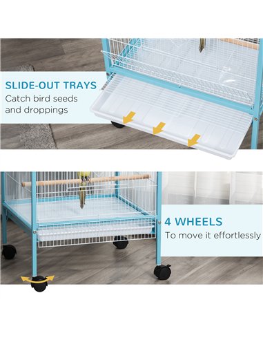 PawHut Bird Cage Budgie Cage 2 In 1 Large Aviary with Wheels Removable Trays for Finch Canaries Cockatiels Light Blue