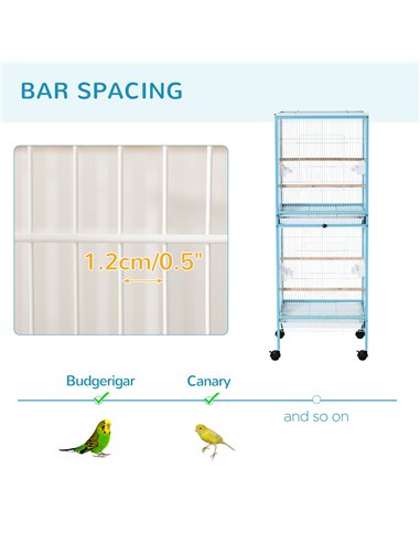 PawHut Bird Cage Budgie Cage 2 In 1 Large Aviary with Wheels Removable Trays for Finch Canaries Cockatiels Light Blue