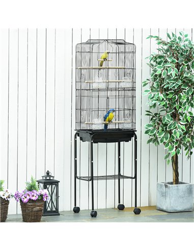 PawHut Bird Cage Budgie Cages for Finch Canary Parakeet with Stand Wheels Slide-out Tray Accessories Storage Shelf, Black 46.5 x