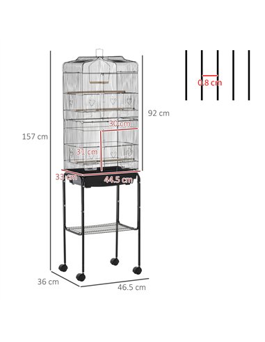 PawHut Bird Cage Budgie Cages for Finch Canary Parakeet with Stand Wheels Slide-out Tray Accessories Storage Shelf, Black 46.5 x