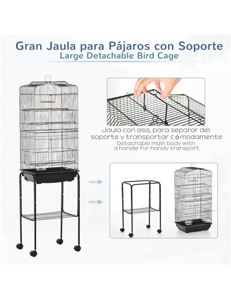 PawHut Bird Cage Budgie Cages for Finch Canary Parakeet with Stand Wheels Slide-out Tray Accessories Storage Shelf, Black 46.5 x - pic 157887 | FastDaddyshop