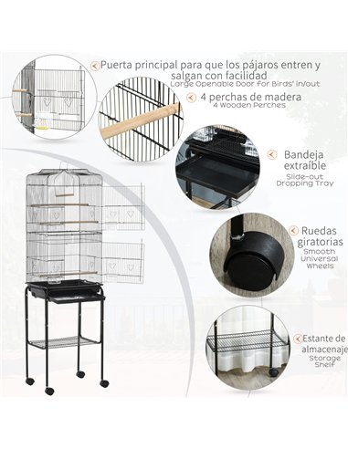 PawHut Bird Cage Budgie Cages for Finch Canary Parakeet with Stand Wheels Slide-out Tray Accessories Storage Shelf, Black 46.5 x