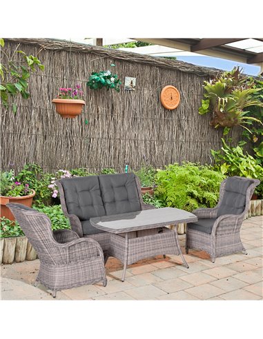 Outsunny Garden PE Rattan Dining Sofa Set with High Back Chairs, Coffee Table, Mixed Grey