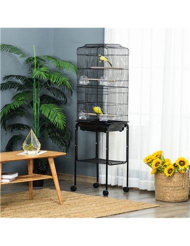 PawHut Bird Cage Budgie Cages for Finch Canary Parakeet with Stand Wheels Slide-out Tray Accessories Storage Shelf, Black 46.5 x