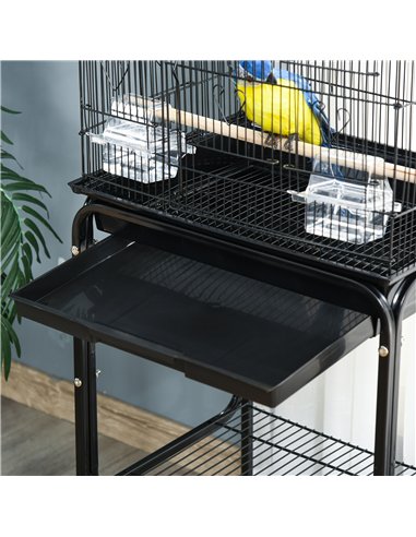 PawHut Bird Cage Budgie Cages for Finch Canary Parakeet with Stand Wheels Slide-out Tray Accessories Storage Shelf, Black 46.5 x