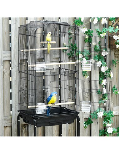 PawHut Bird Cage Budgie Cages for Finch Canary Parakeet with Stand Wheels Slide-out Tray Accessories Storage Shelf, Black 46.5 x