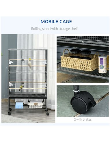PawHut Large Bird Cage Budgie Cage for Finch Canaries Parakeet with Rolling Stand, Slide-out Tray, Storage Shelf, Food Container