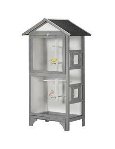 PawHut Wooden Outdoor Bird Cage, for Finches and Canaries, with Removable Tray, Asphalt Roof - Grey