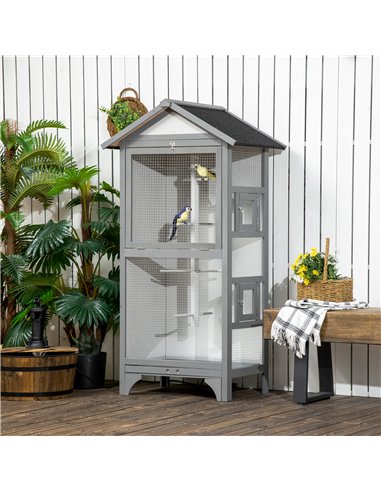 PawHut Wooden Outdoor Bird Cage, for Finches and Canaries, with Removable Tray, Asphalt Roof - Grey