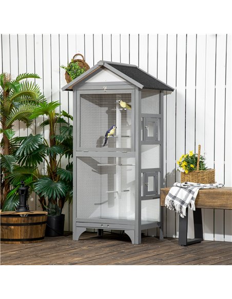 PawHut Wooden Outdoor Bird Cage, for Finches and Canaries, with Removable Tray, Asphalt Roof - Grey - pic 157921 | FastDaddyshop