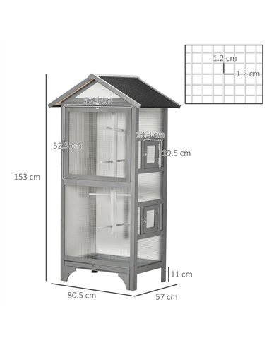 PawHut Wooden Outdoor Bird Cage, for Finches and Canaries, with Removable Tray, Asphalt Roof - Grey