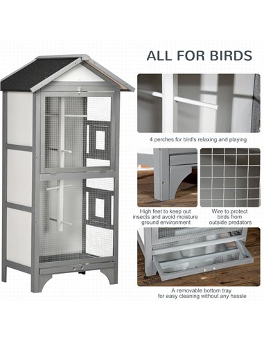 PawHut Wooden Outdoor Bird Cage, for Finches and Canaries, with Removable Tray, Asphalt Roof - Grey