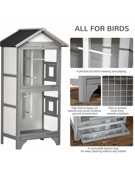 PawHut Wooden Outdoor Bird Cage, for Finches and Canaries, with Removable Tray, Asphalt Roof - Grey - pic 157924 | FastDaddyshop