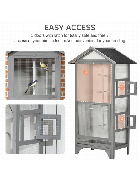 PawHut Wooden Outdoor Bird Cage, for Finches and Canaries, with Removable Tray, Asphalt Roof - Grey - pic 157925 | FastDaddyshop
