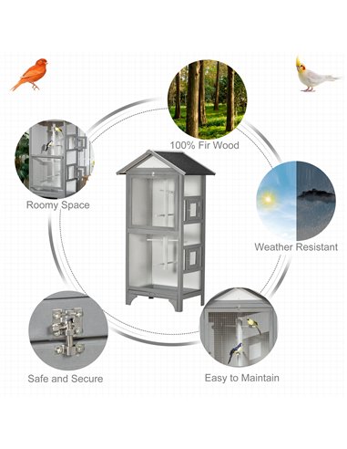 PawHut Wooden Outdoor Bird Cage, for Finches and Canaries, with Removable Tray, Asphalt Roof - Grey
