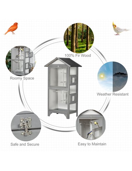 PawHut Wooden Outdoor Bird Cage, for Finches and Canaries, with Removable Tray, Asphalt Roof - Grey - pic 157926 | FastDaddyshop