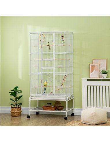 PawHut Large Bird Cage Budgie Cage 3 Tier Aviary with Stand Wheels, Toys, Ladders, Shelf for Canaries, Finches, Cockatiels, Para