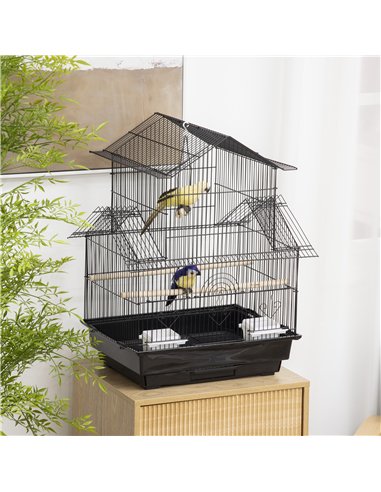 PawHut Metal Bird Cage with Plastic Swing Perch Food Container Tray Handle for Finch Canary Budgie 43.5 x 33 x 63 cm, Black