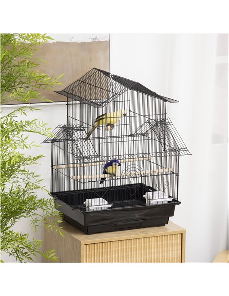 PawHut Metal Bird Cage with Plastic Swing Perch Food Container Tray Handle for Finch Canary Budgie 43.5 x 33 x 63 cm, Black - pic 157957 | FastDaddyshop