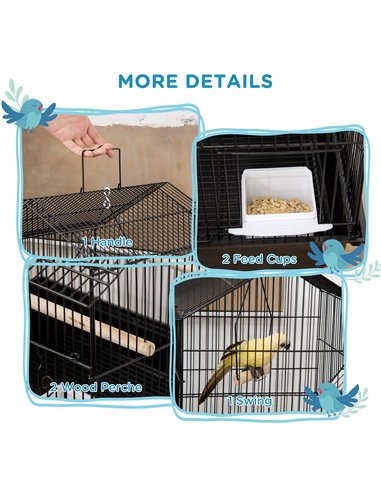 PawHut Metal Bird Cage with Plastic Swing Perch Food Container Tray Handle for Finch Canary Budgie 43.5 x 33 x 63 cm, Black