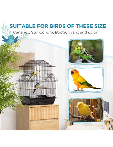 PawHut Metal Bird Cage with Plastic Swing Perch Food Container Tray Handle for Finch Canary Budgie 43.5 x 33 x 63 cm, Black